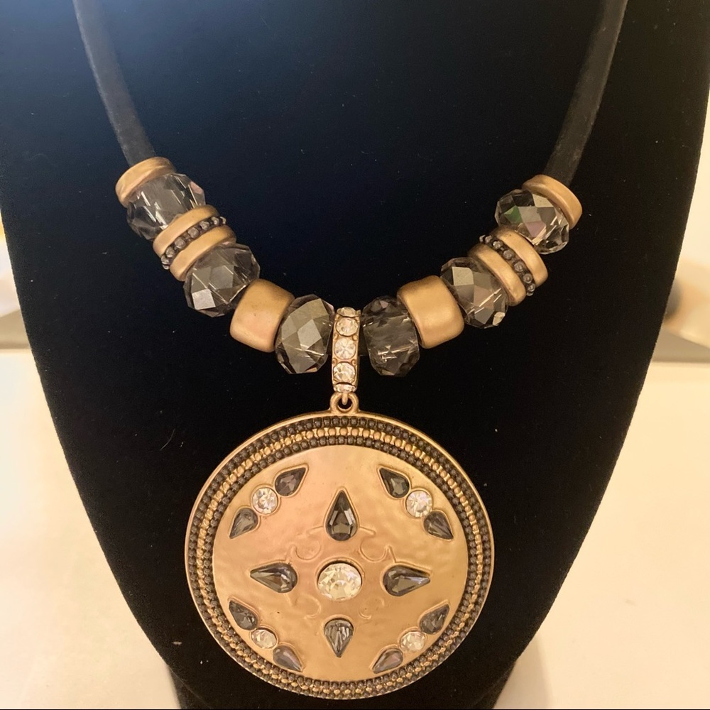 NEW GOLD-TONE MEDALLION NECKLACE HEAVY LEATHER CORD SMOKEY STONES RHINESTONES